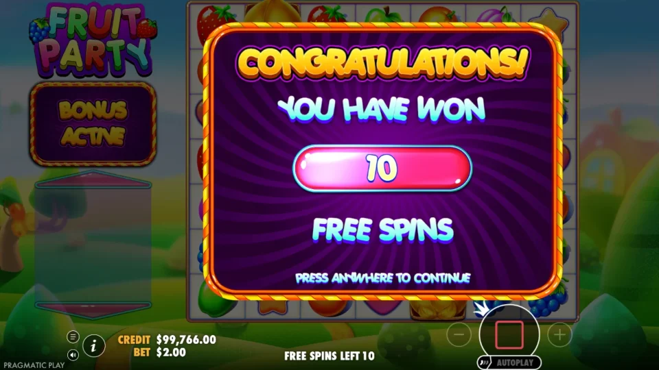 Fruit Party: free spins triggered (bonus buy) on round 1001