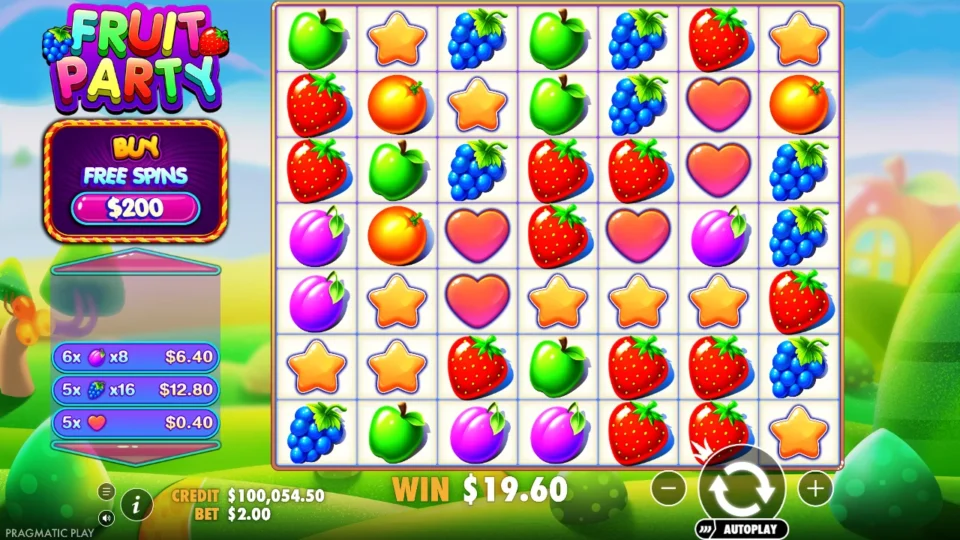 Fruit Party: win 9.8x (19.6) on media spin 16