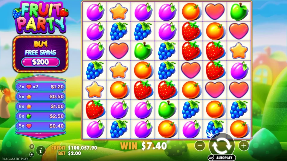 Fruit Party: win 3.7x (7.4) on media spin 18