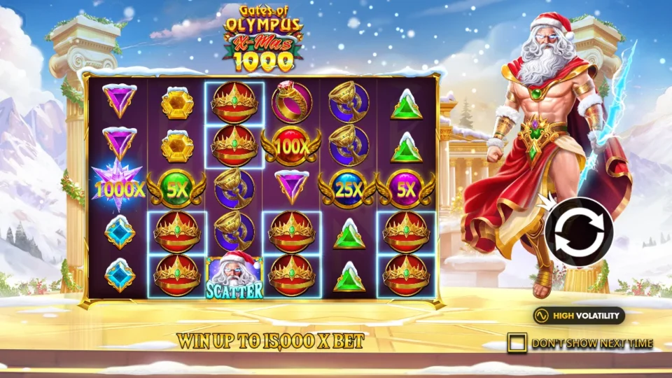 Gates of Olympus Xmas 1000: Snowy Zeus and coloured multiplier orbs set the scene