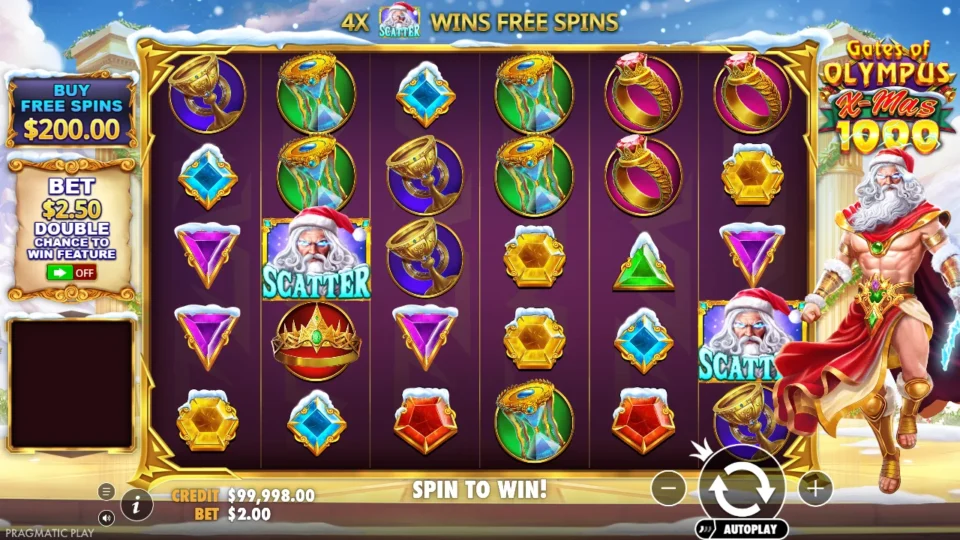 Gates of Olympus Xmas 1000: Ordinary demo board with two Scatters and a USD 2 stake
