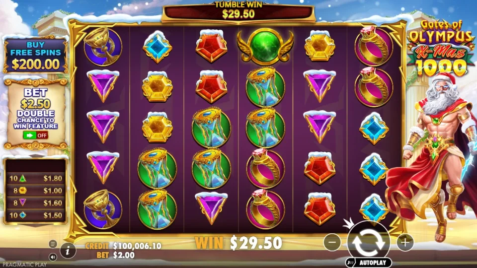Gates of Olympus Xmas 1000: Hourglasses fill the centre after a USD 29.50 win