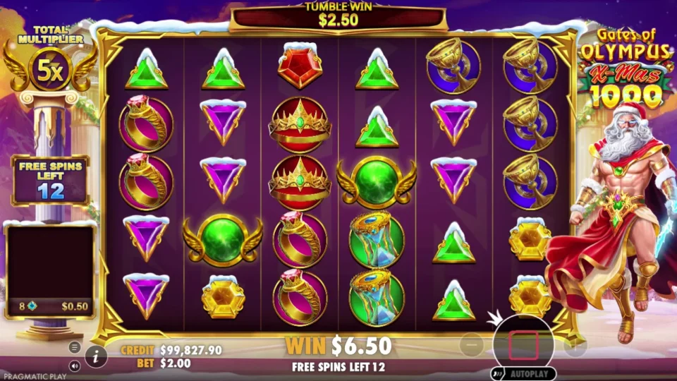 Gates of Olympus Xmas 1000: The stored multiplier reaches 5x while 12 free spins remain