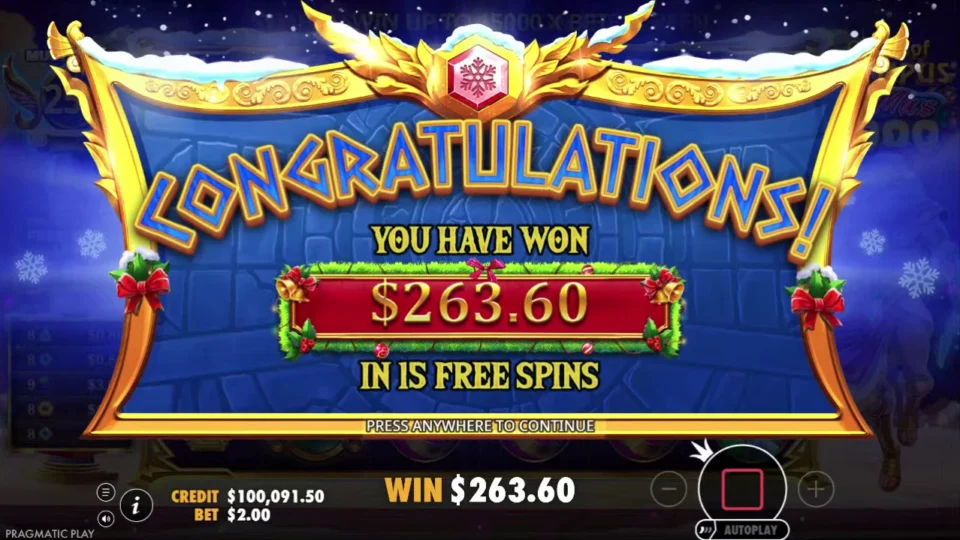 Gates of Olympus Xmas 1000: Purchased bonus result of USD 263.60 with the credit balance fully updated