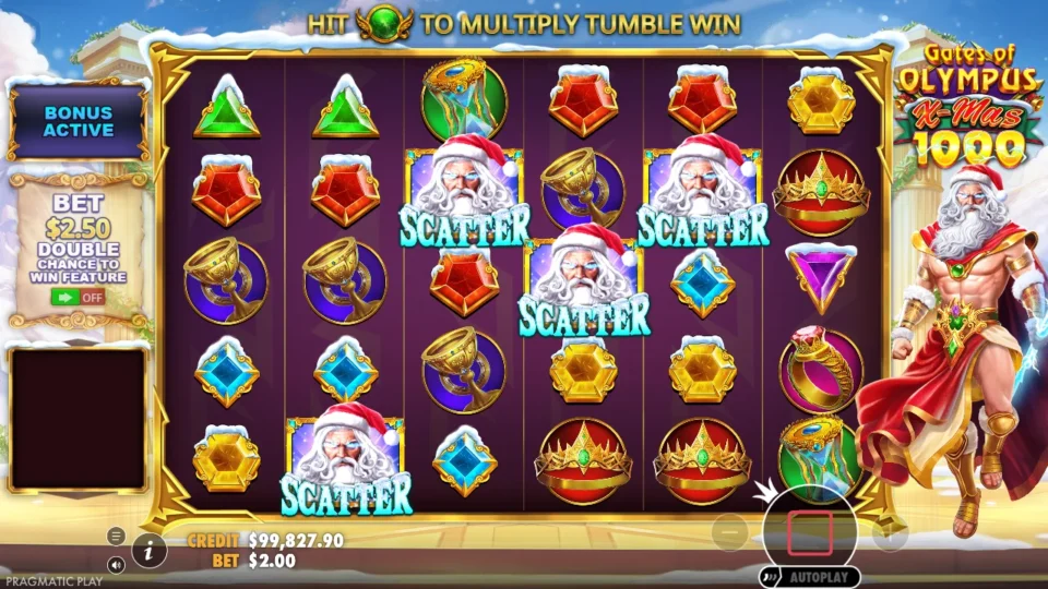 Gates of Olympus Xmas 1000: Four Zeus Scatters open the purchased bonus