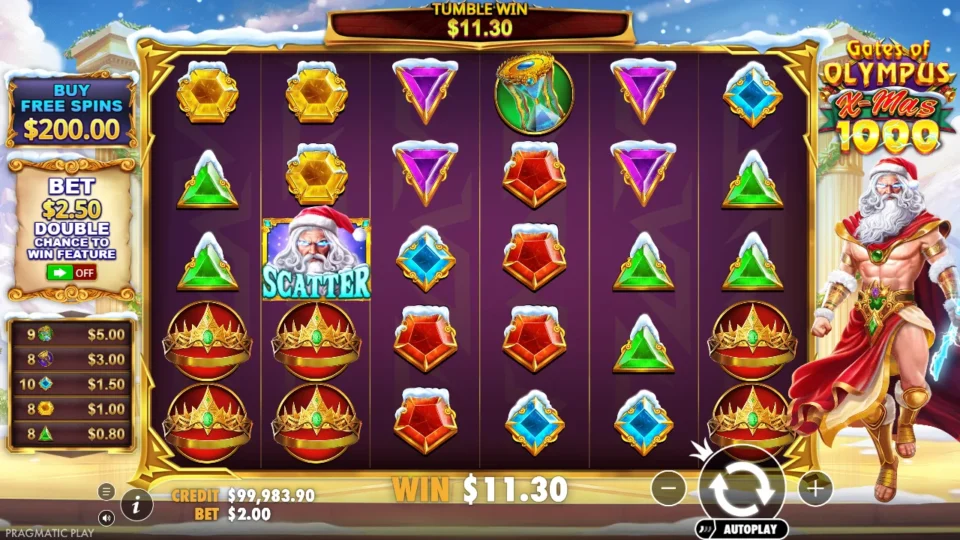 Gates of Olympus Xmas 1000: Five listed symbol payments add up to USD 11.30