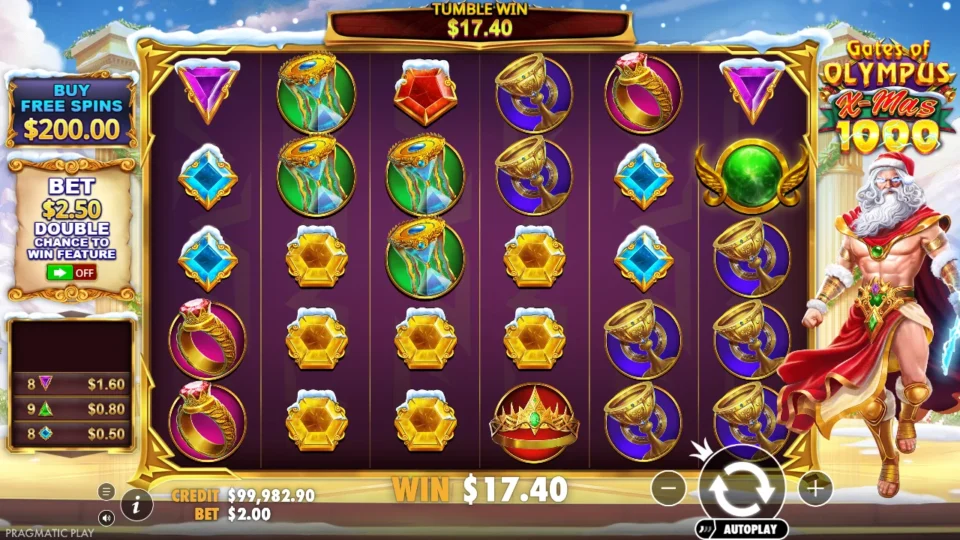 Gates of Olympus Xmas 1000: A green orb remains on the board after a USD 17.40 tumble