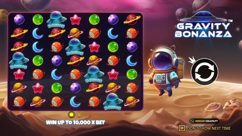 Gravity Bonanza: Intro slide: five Bonus UFOs on the 7x7 grid, win up to 10,000x bet and the medium volatility badge