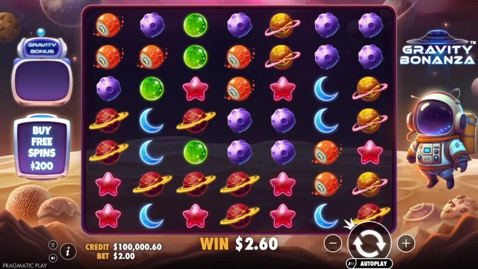 Gravity Bonanza: Idle grid at USD 2: Gravity Bonus meter empty, Buy Free Spins at USD 200 on the left, USD 2.60 showing on the win line