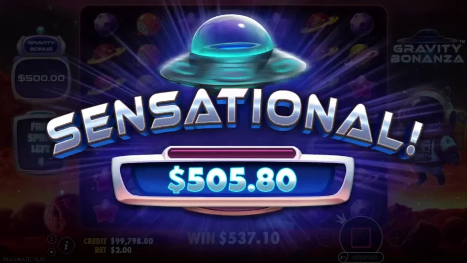 Gravity Bonanza: Sensational: the x10 black hole put USD 500.00 into the meter, USD 505.80 for the spin and USD 537.10 on the win line