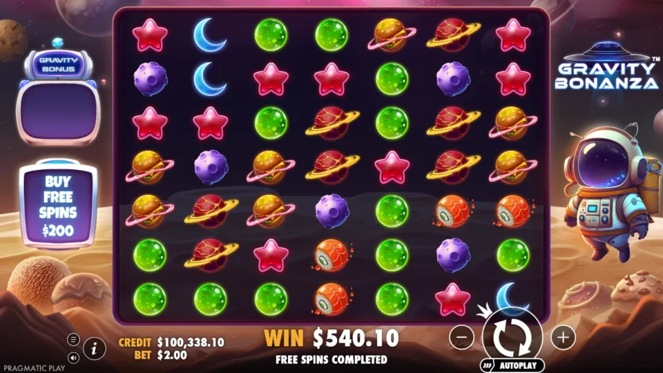 Gravity Bonanza: Free spins completed: the grid after the feature with USD 540.10 on the win line and the buy button back