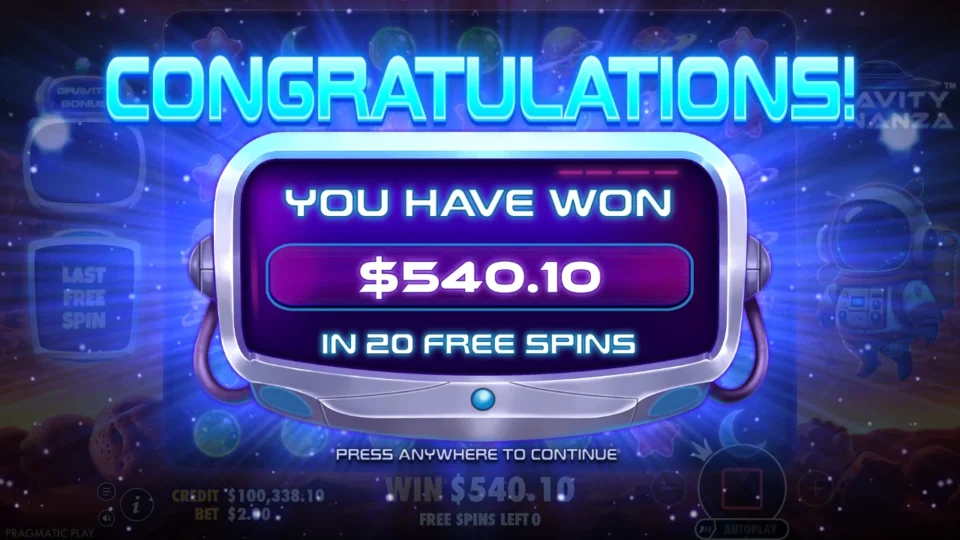 Gravity Bonanza: Result of the recorded free spins: USD 540.10 in 20 free spins, balance USD 100,338.10