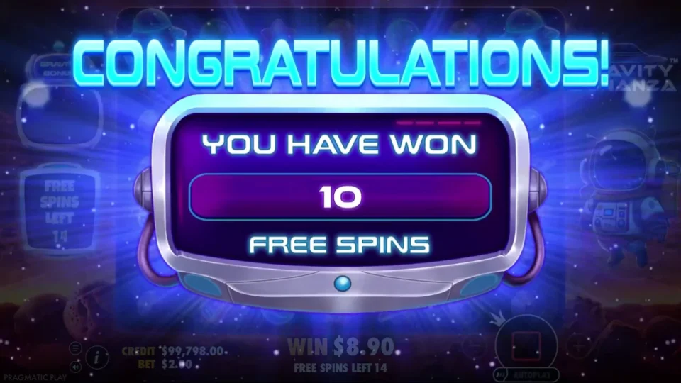 Gravity Bonanza: Retrigger inside the bought feature: 10 free spins added with USD 8.90 on the meter