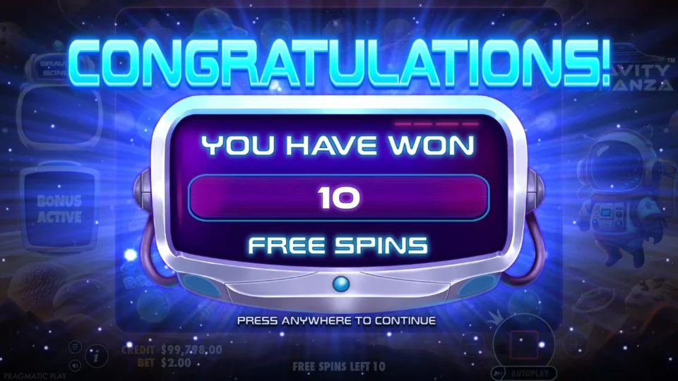 Gravity Bonanza: Purchased feature opens with 10 free spins, balance USD 99,798 after the USD 200 ticket