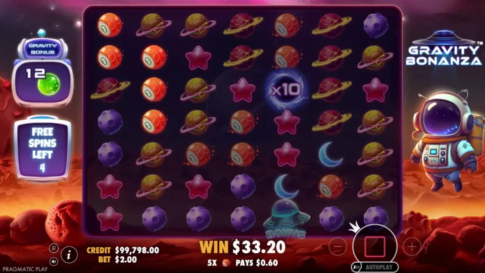 Gravity Bonanza: A x10 black hole on the reels with 12 green orbs already in the Gravity Bonus meter, USD 33.20 on the win line and four spins left