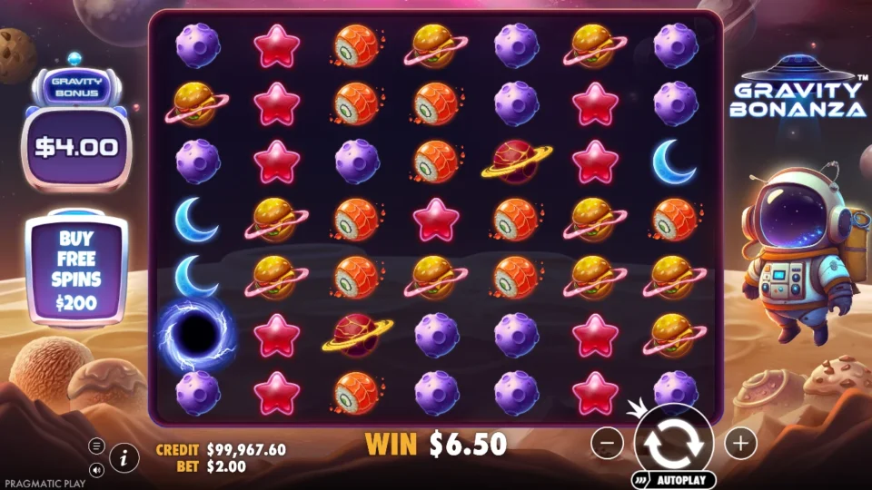 Gravity Bonanza: A black hole in the bottom-left corner has filled the Gravity Bonus meter with USD 4.00, USD 6.50 on the win line