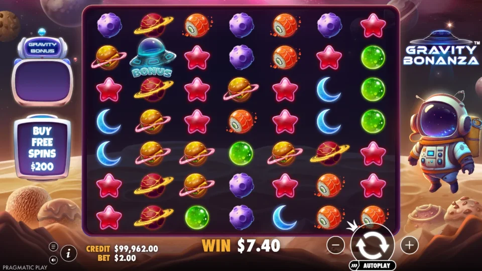 Gravity Bonanza: A Bonus UFO on the second reel among pink stars and burger planets, USD 7.40 on the win line
