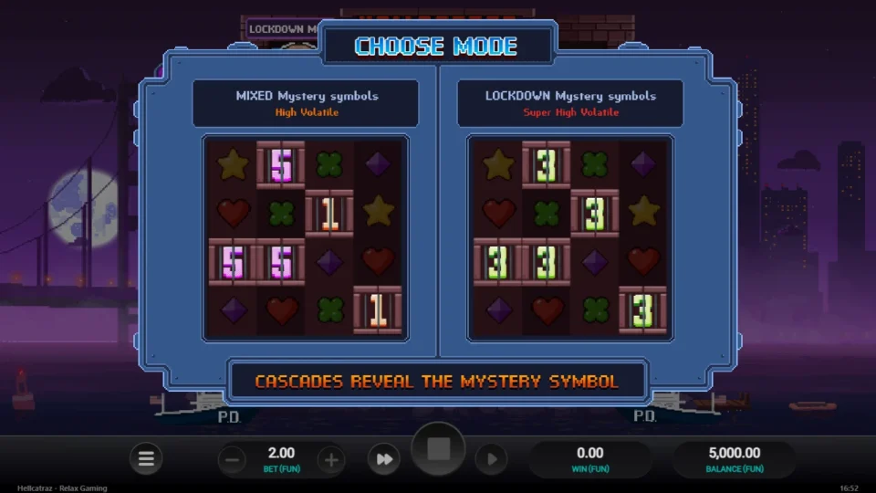 Hellcatraz: Choose Mode screen: Mixed or Lockdown Mystery symbols before the first spin