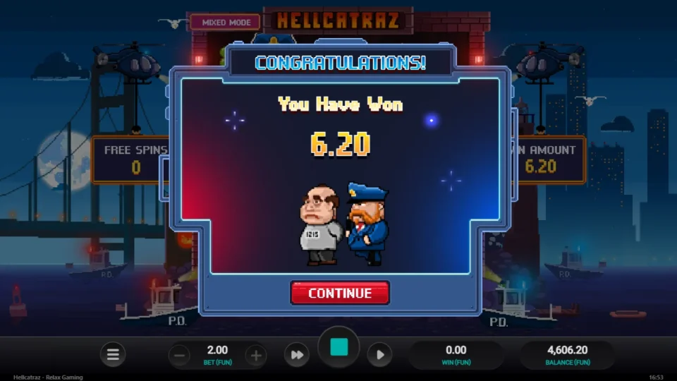 Hellcatraz: Purchased feature result: FUN 6.20 after the free spins, balance FUN 4,606.20