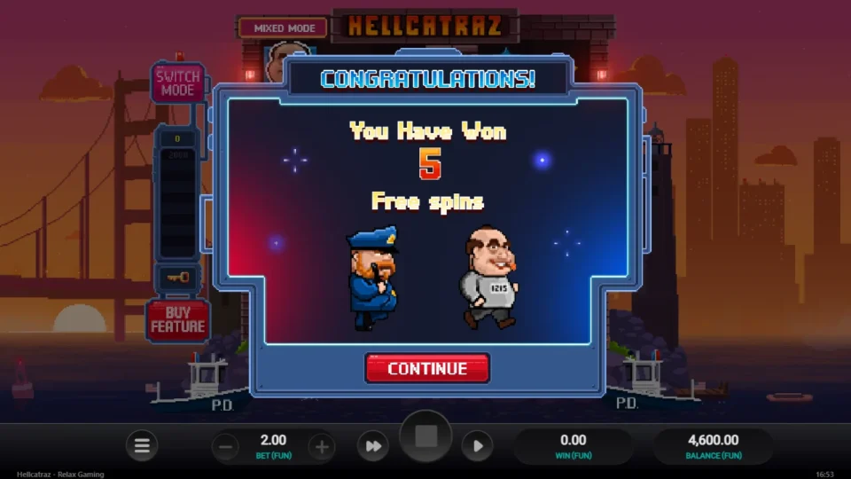 Hellcatraz: Purchased Super Free Spins open with five spins, balance FUN 4,600