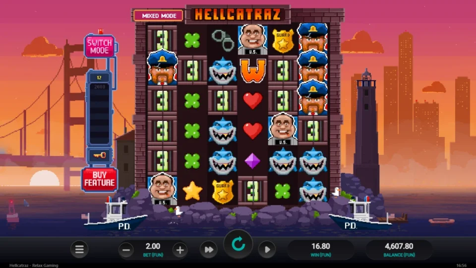 Hellcatraz: Shark ways pay FUN 16.80 while the Mystery cells show counter 3