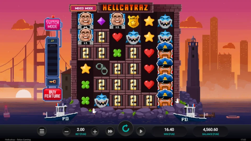 Hellcatraz: Four Wardens on reel six pay FUN 16.40 with Mystery cells at 2 across the middle