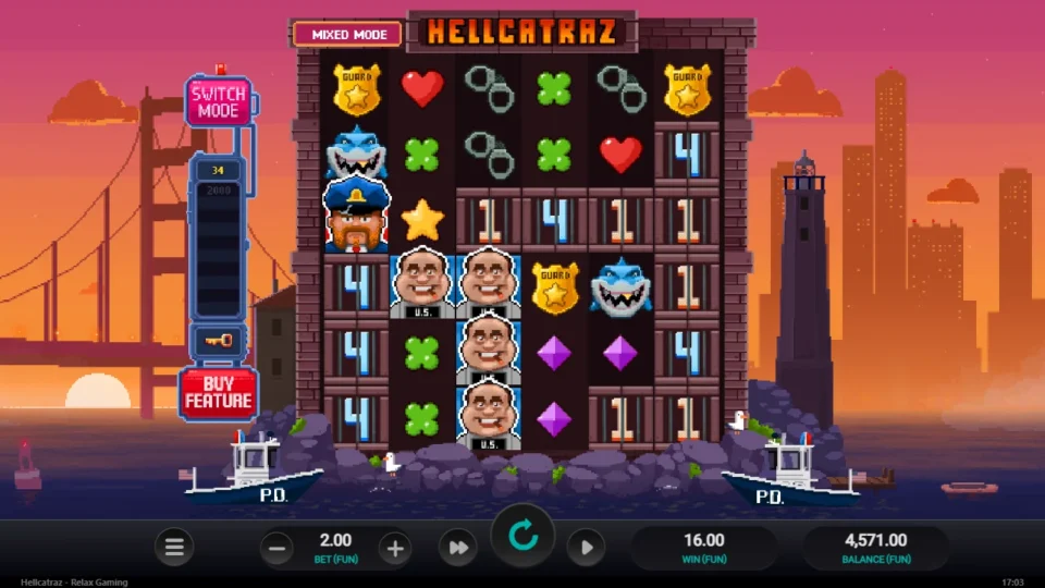 Hellcatraz: Mystery counters at 1 and 4 around a FUN 16.00 win