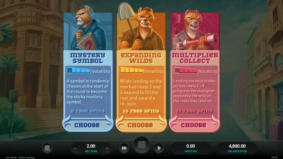 Iron Bank: Three bonus choices: Mystery Symbol, Expanding Wilds and Multiplier Collect