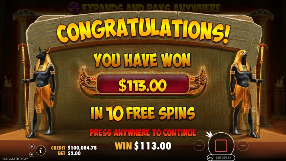 John Hunter and the Book of Tut: Natural bonus result: USD 113 in the separate media session