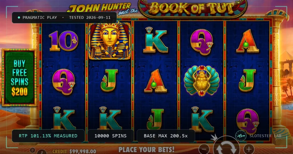 John Hunter and the Book of Tut — Slotester Lab test cover