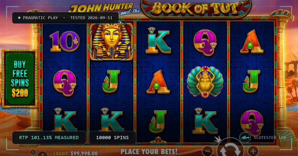 John Hunter and the Book of Tut — Slotester Lab test cover