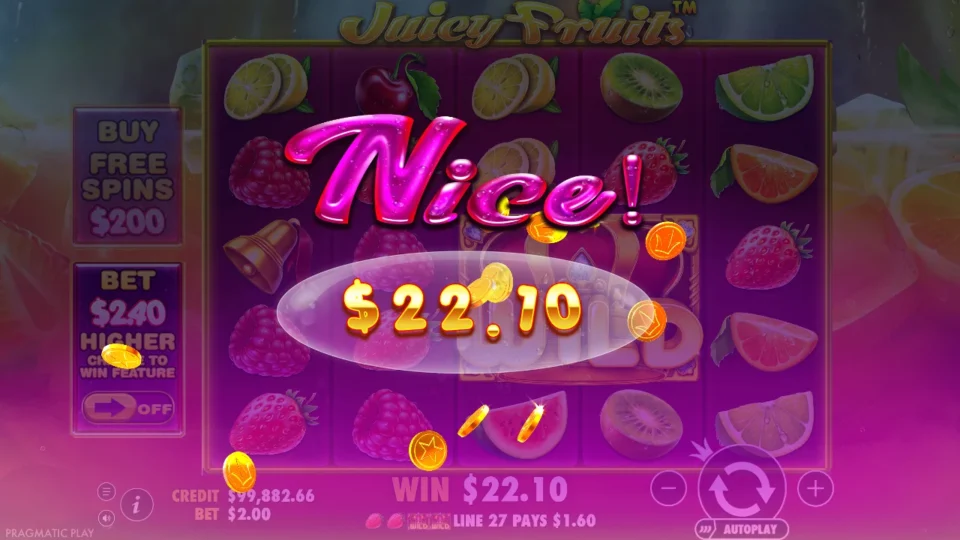 Juicy Fruits: Payout animation in the separate media session; big win 23.9x (47.76) on media spin 94