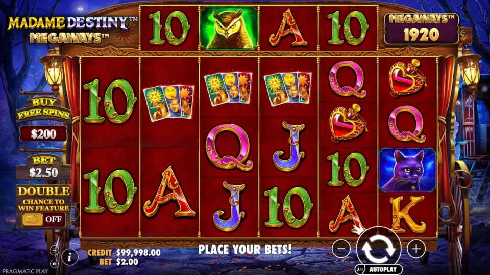 Madame Destiny Megaways: The six-reel layout with its independent top row; Ante Bet is off.