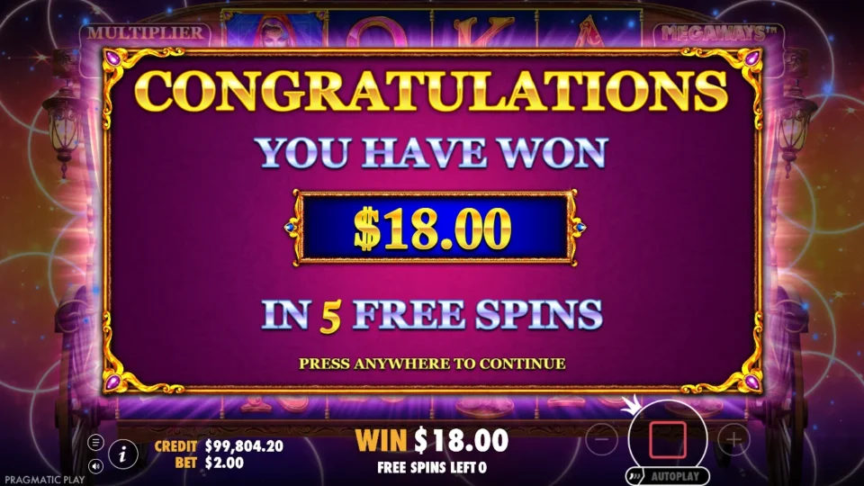 Madame Destiny Megaways: Purchased free spins result: USD 18 returned in five spins.