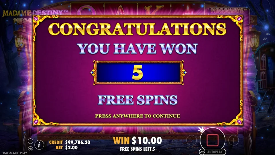 Madame Destiny Megaways: The media purchase awards five free spins.