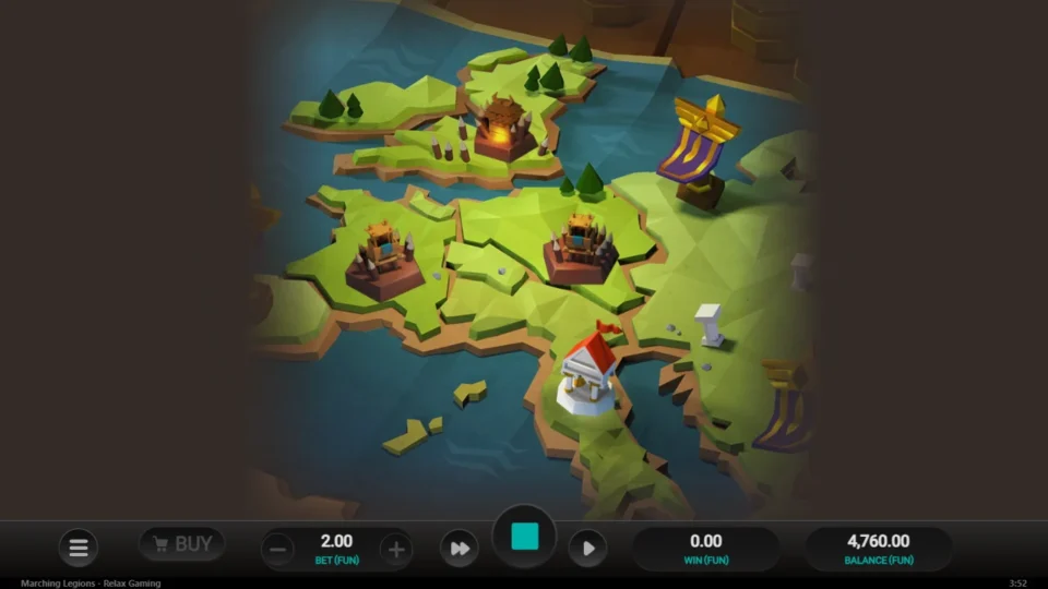 Marching Legions: Map screen that opens the purchased free spins: four camps and a temple on the coast, balance 4,760.00