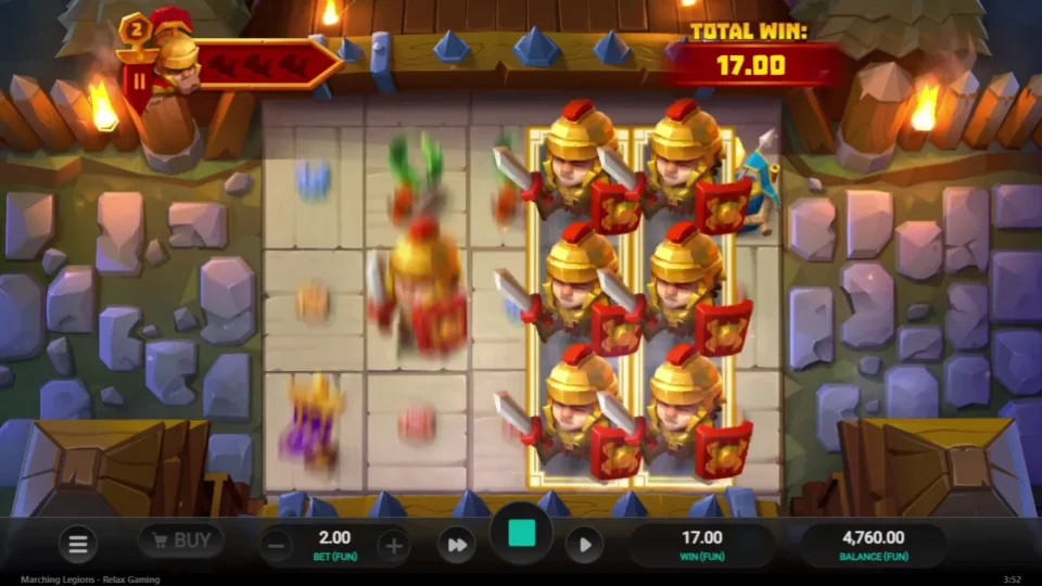 Marching Legions: Two stacks side by side on reels four and five with the total at 17.00