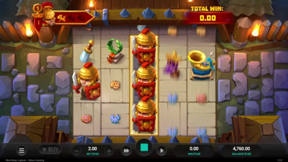 Marching Legions: First wave: the single Marching Stack on reel three, total win still 0.00