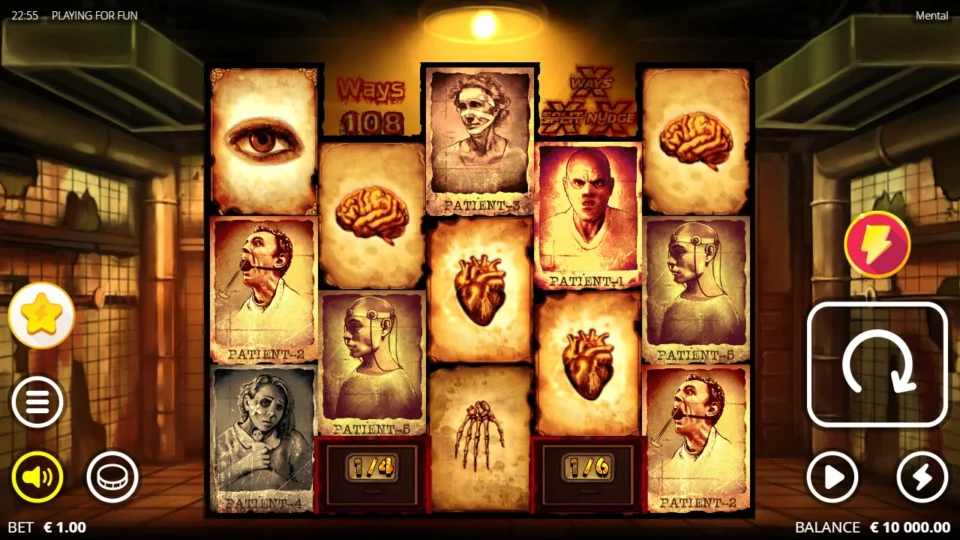 Mental: Demo base game at a EUR 1.00 bet on 108 ways, Enhancer Cells at 1/4 and 1/6