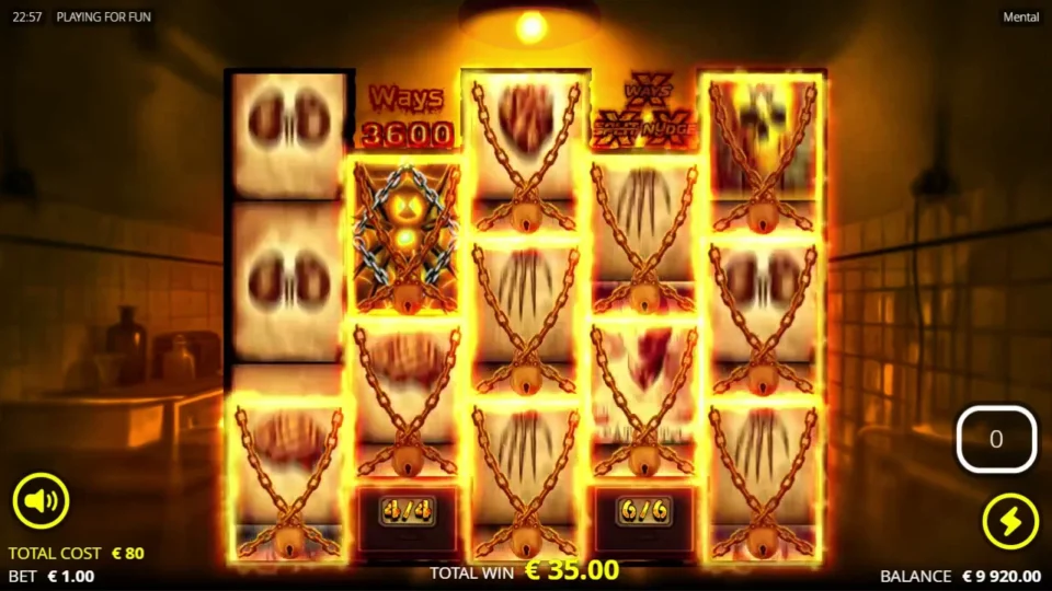 Mental: Fire Frames chained over most of the board late in the free spins, 3600 ways, total win EUR 35.00