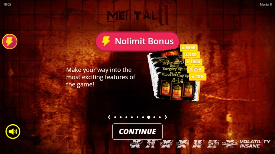 Mental II: Nolimit Bonus intro slide in the demo, five buys priced from 100x to 6,666x the bet
