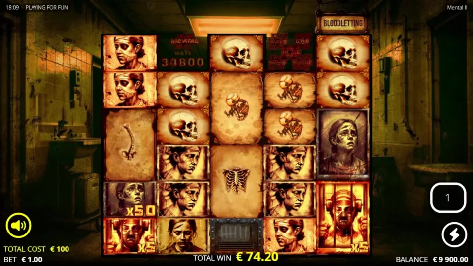Mental II: Seventh of eight free spins at 34,800 ways, with a x50 multiplier on a Patient symbol in reel 1