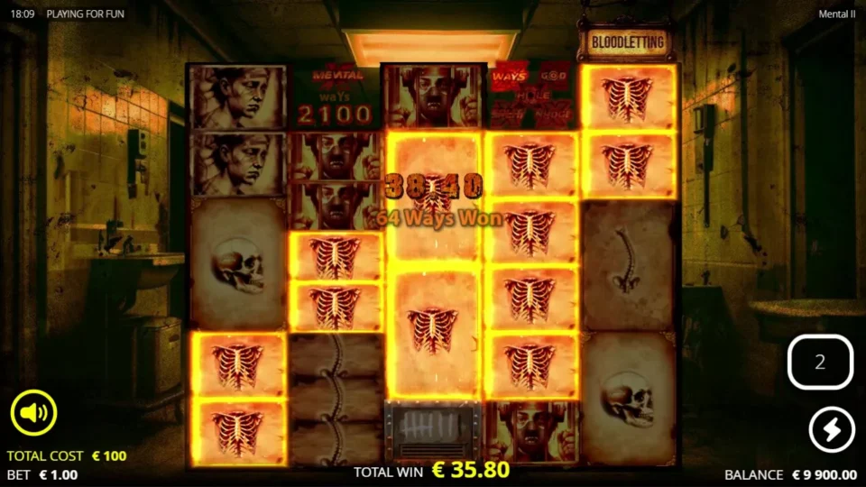 Mental II: Ribcages on all five reels pay EUR 38.40 over 64 ways with two free spins left