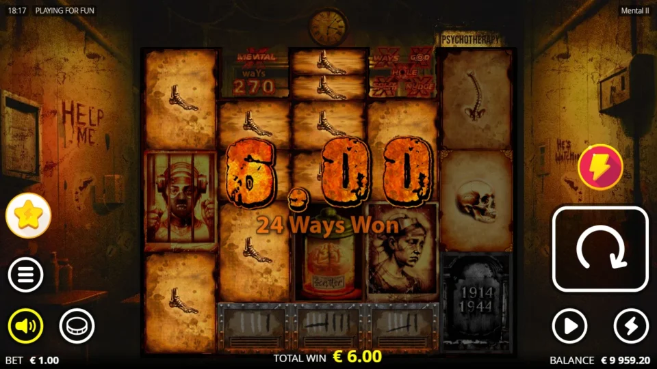 Mental II: Feet pay EUR 6.00 on 24 ways, with a single Dead Patient tombstone on reel 5