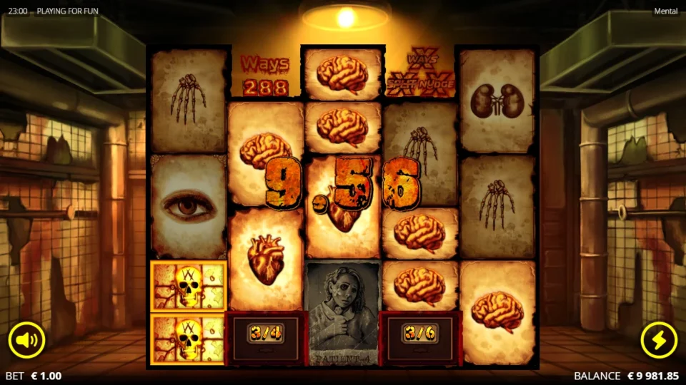 Mental: Base-game hit of 9.56 on 288 ways, two split Wilds on reel one