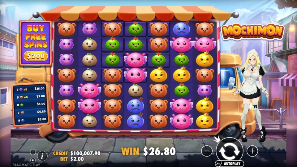 Mochimon: The payout list records an 8x purple cluster within a USD 26.80 round