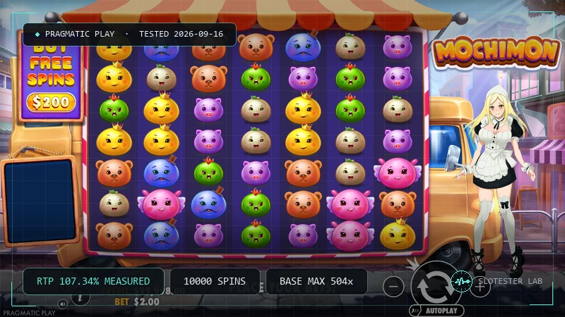 Mochimon slot review card, Slotester Lab test