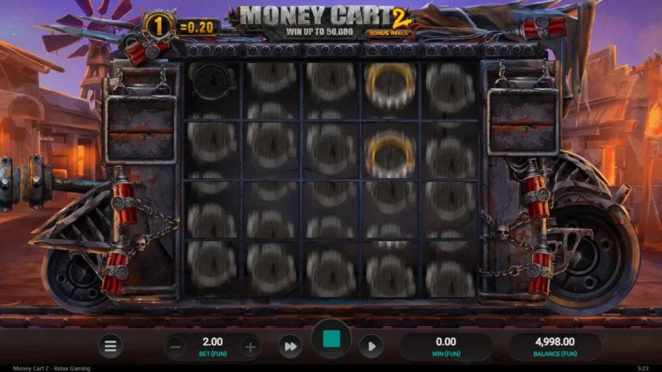 Money Cart 2: Bonus reels spinning at FUN 2 with the first coin values showing through the blur
