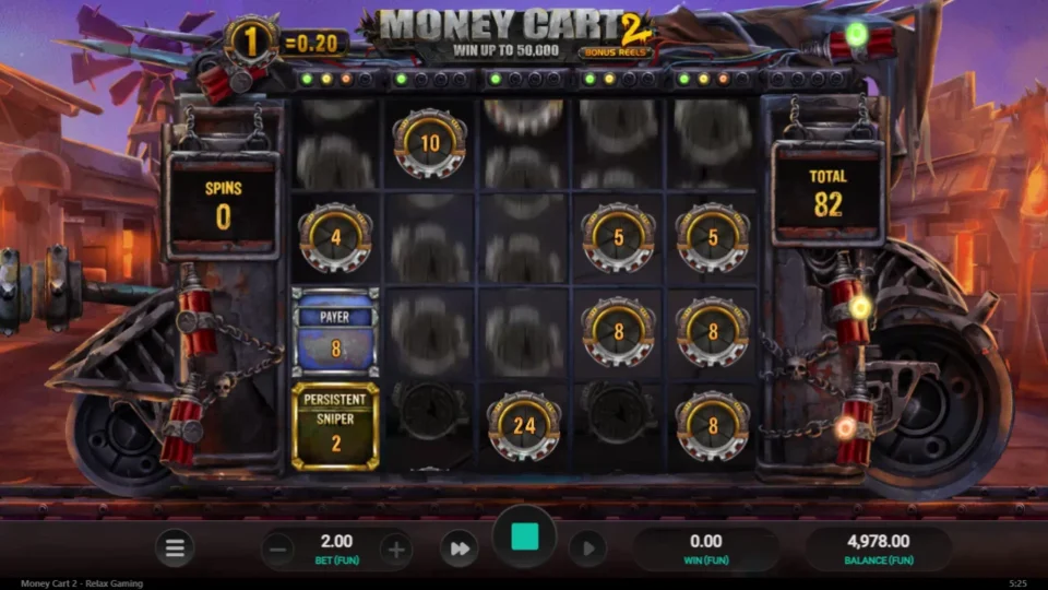 Money Cart 2: Spins counter at zero but the reels still turning: the total reads 82 with the Sniper doubling values each spin