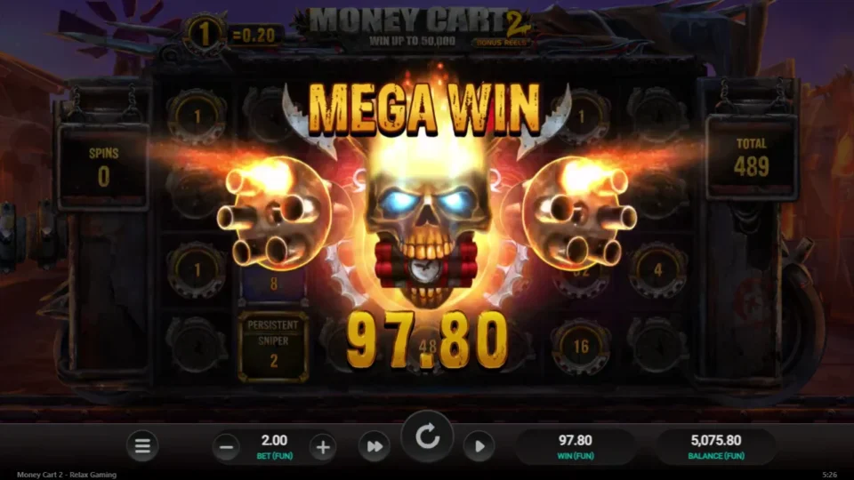 Money Cart 2: Re-spins result: MEGA WIN of FUN 97.80 from a 489-coin total, 48.9 times the stake